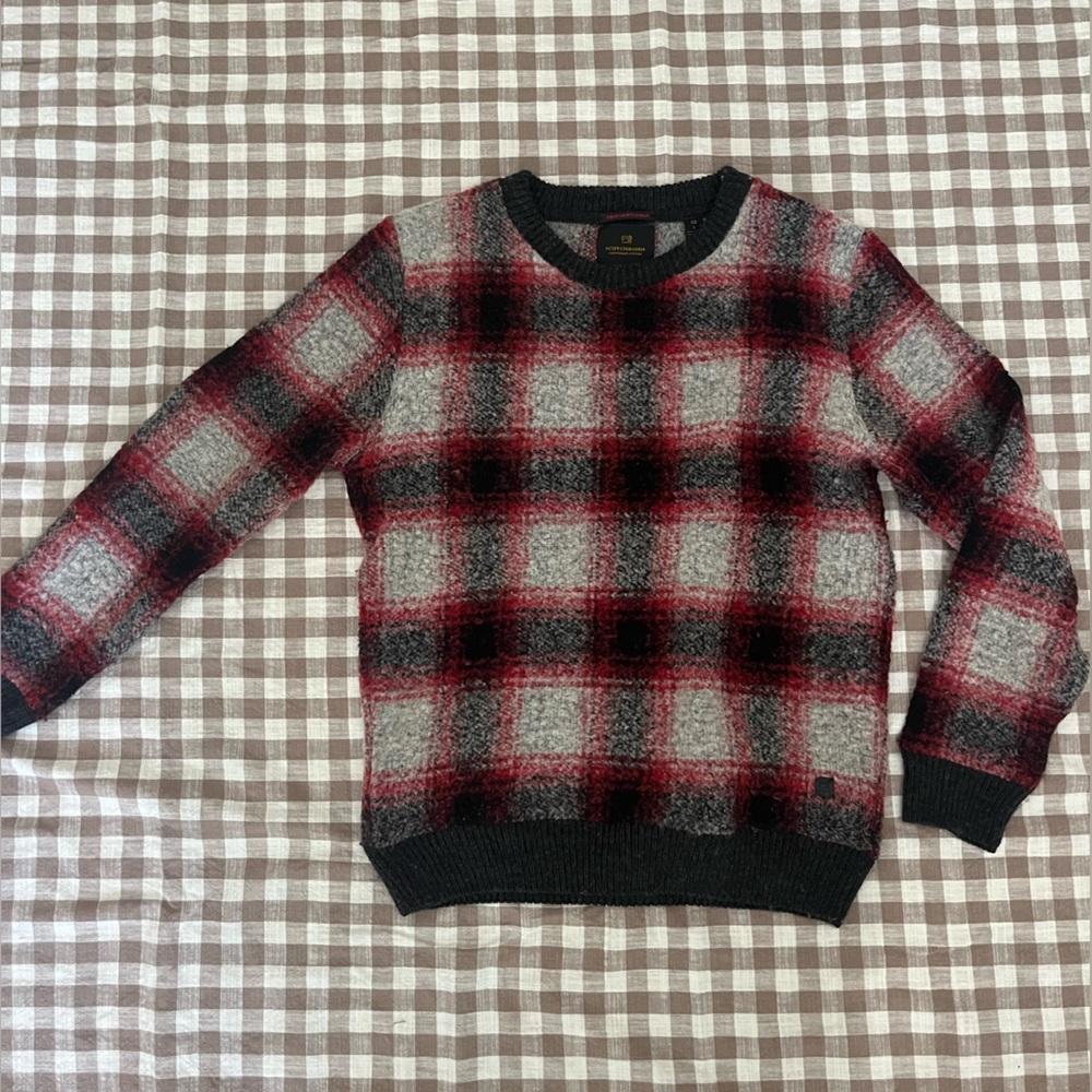 Scotch and Soda Men's Wool Red and Gray Plaid Sweater